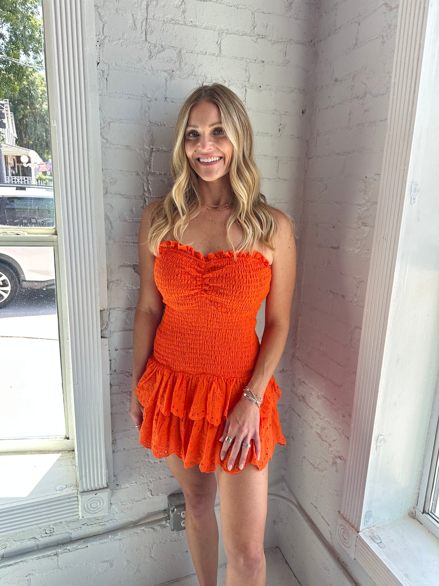 Aria Smocked Ruffle Dress Orange