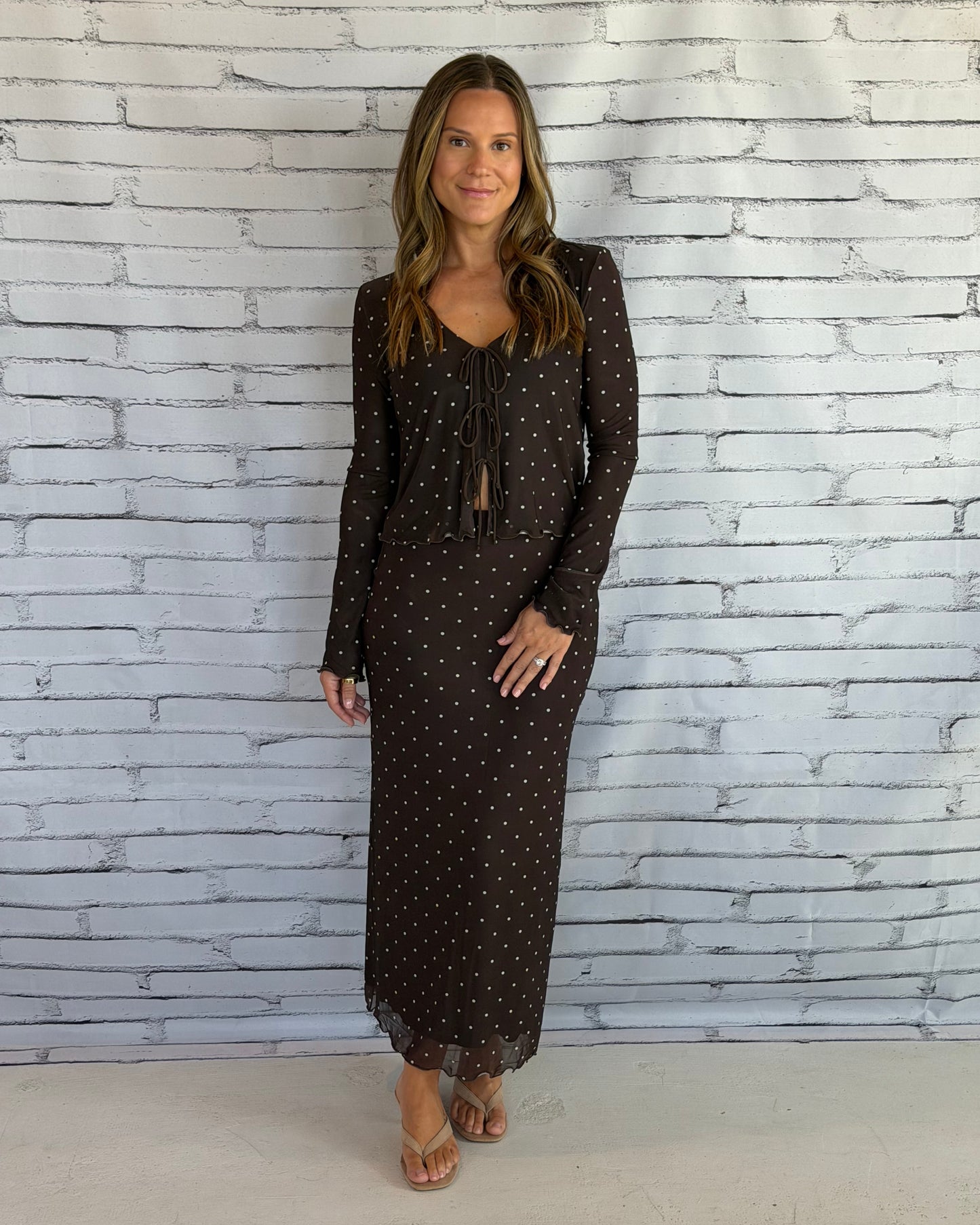 Eda Polka Dot Mesh Midi Skirt Dark Chocolate