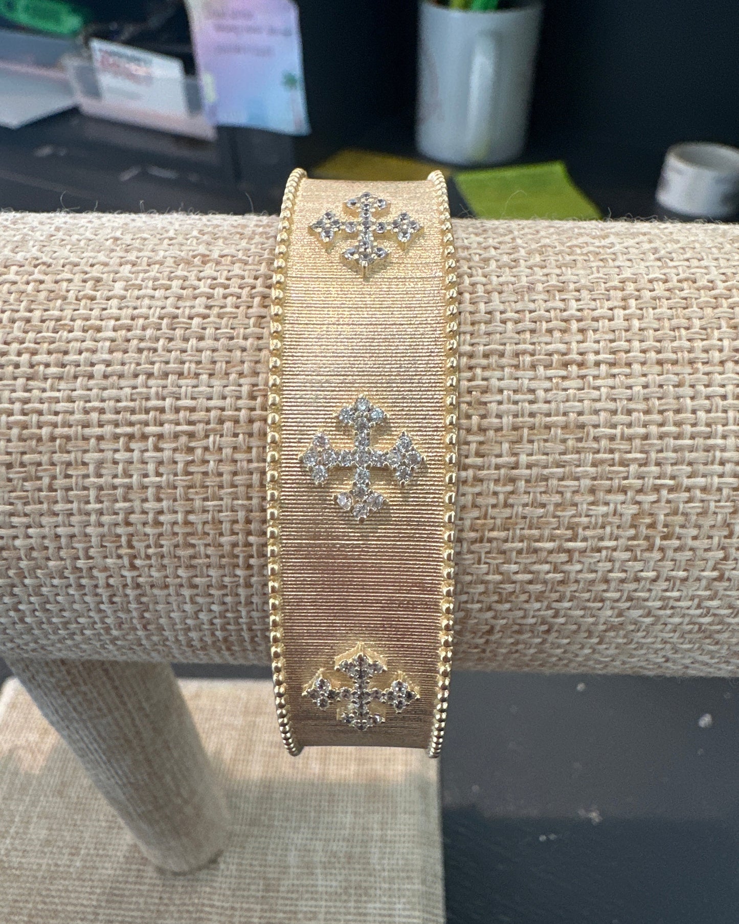 Chunky Gold Cuff with Rhinestone Crosses
