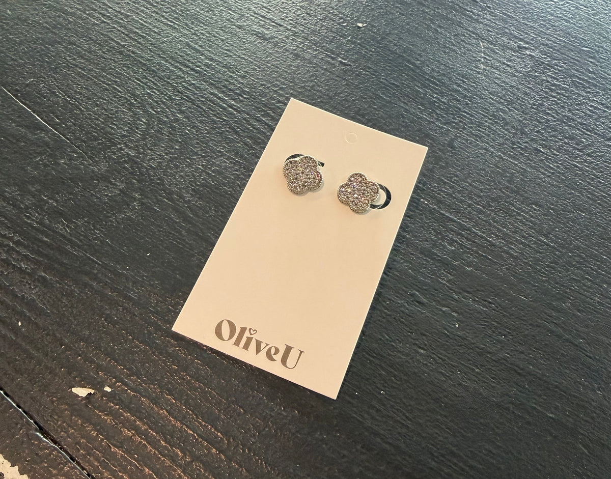 Silver Rhinestone Clover Earrings