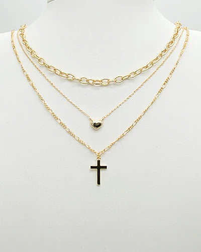 Gold Triple Layered Heart and Cross Necklace