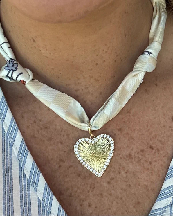 Cream and Blue Knotted Scarf Necklace with Heart Charm