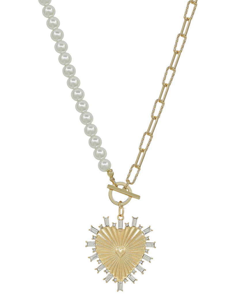 Pearl and Gold Chain with Rhinestone Studded Heart Necklace