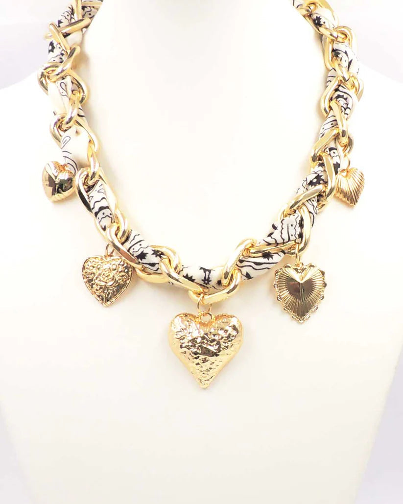 Gold Link Chain with White and Black Scarf Necklace