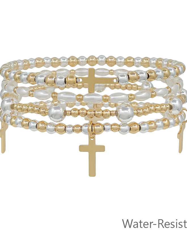 Gold and Silver Beaded Bracelet with Pearl and Cross Charms