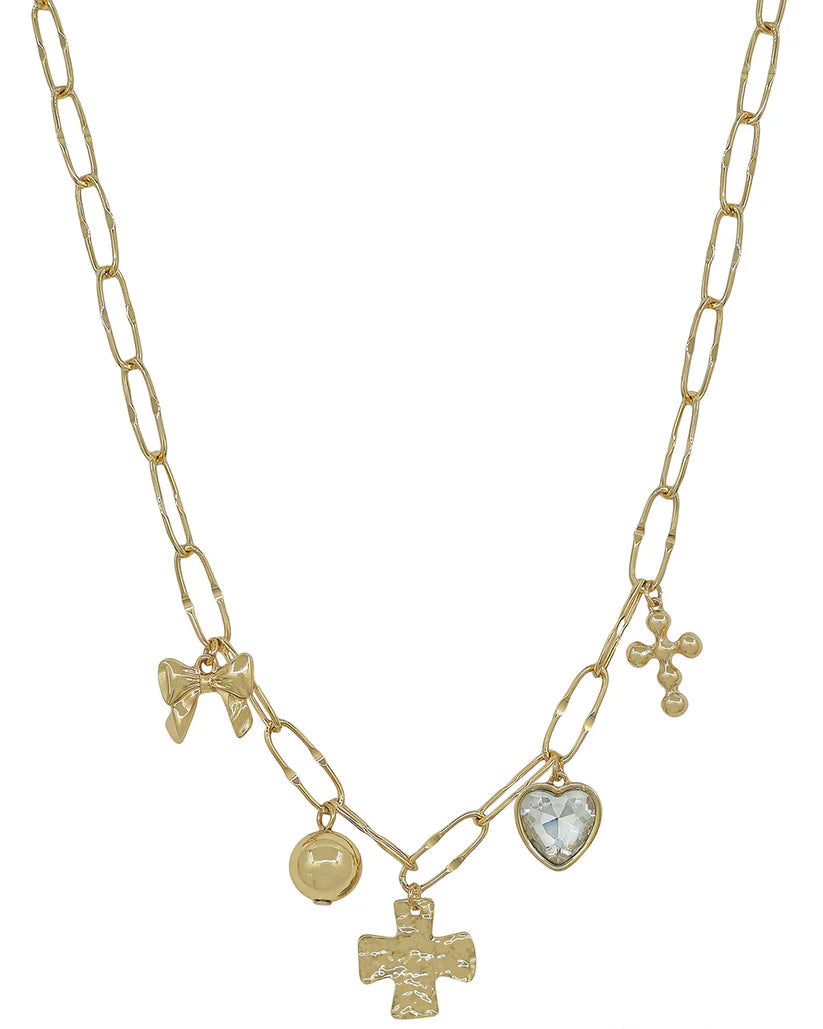 Open Chain with Bow, Cross, and Heart Charm Necklace