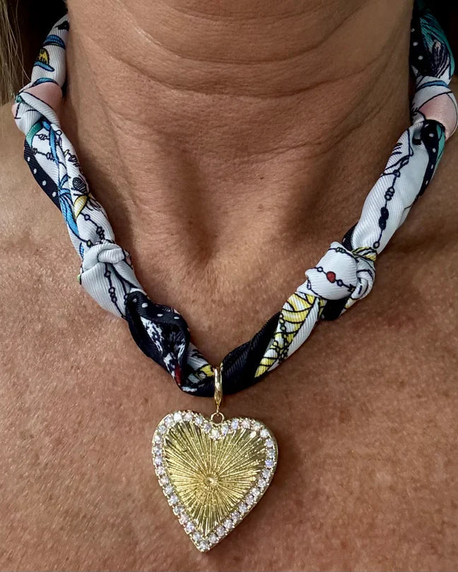 Navy and White Knotted Scarf with Heart Charm Necklace