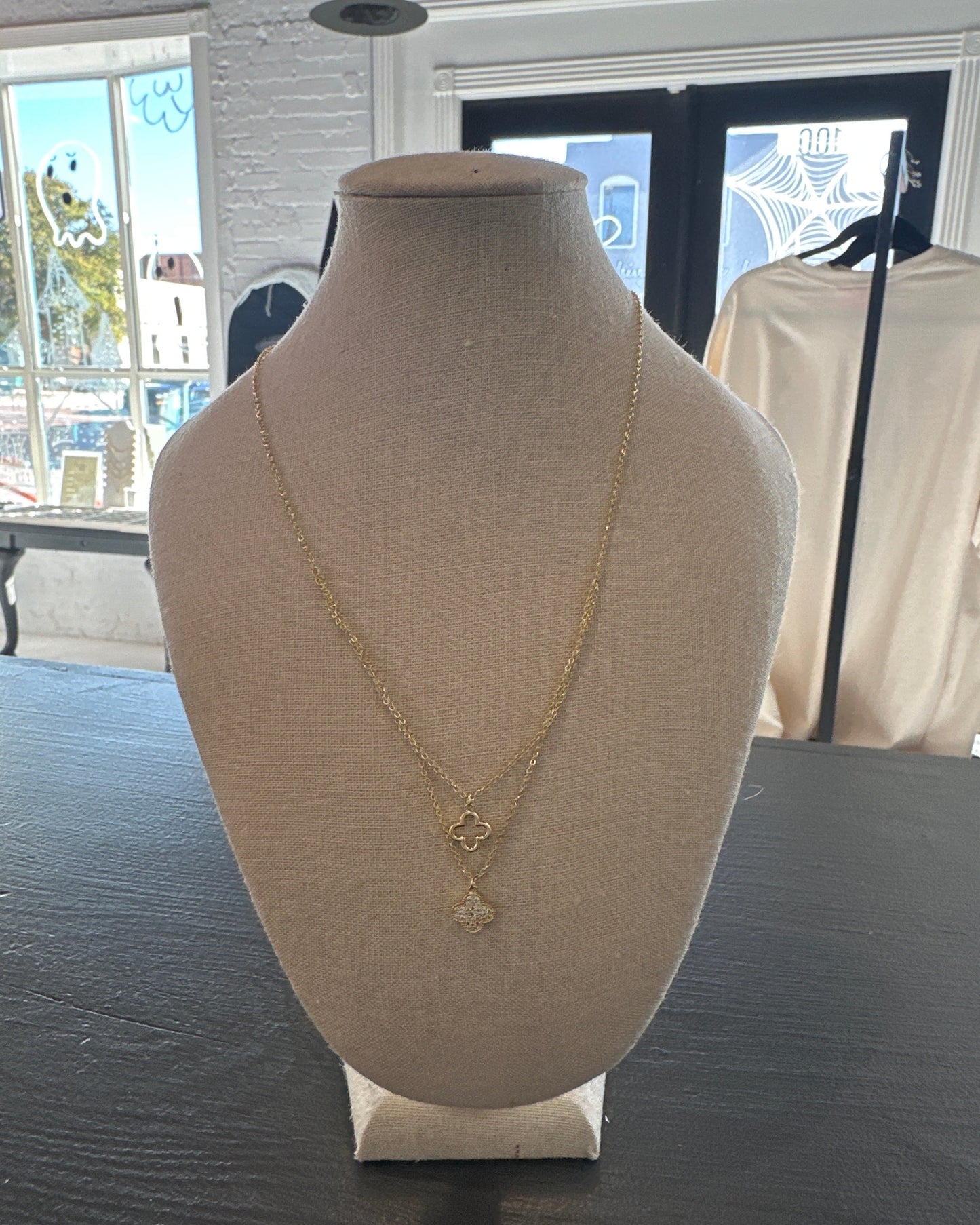 Gold Clover Rhinestone with Open Clover Necklace