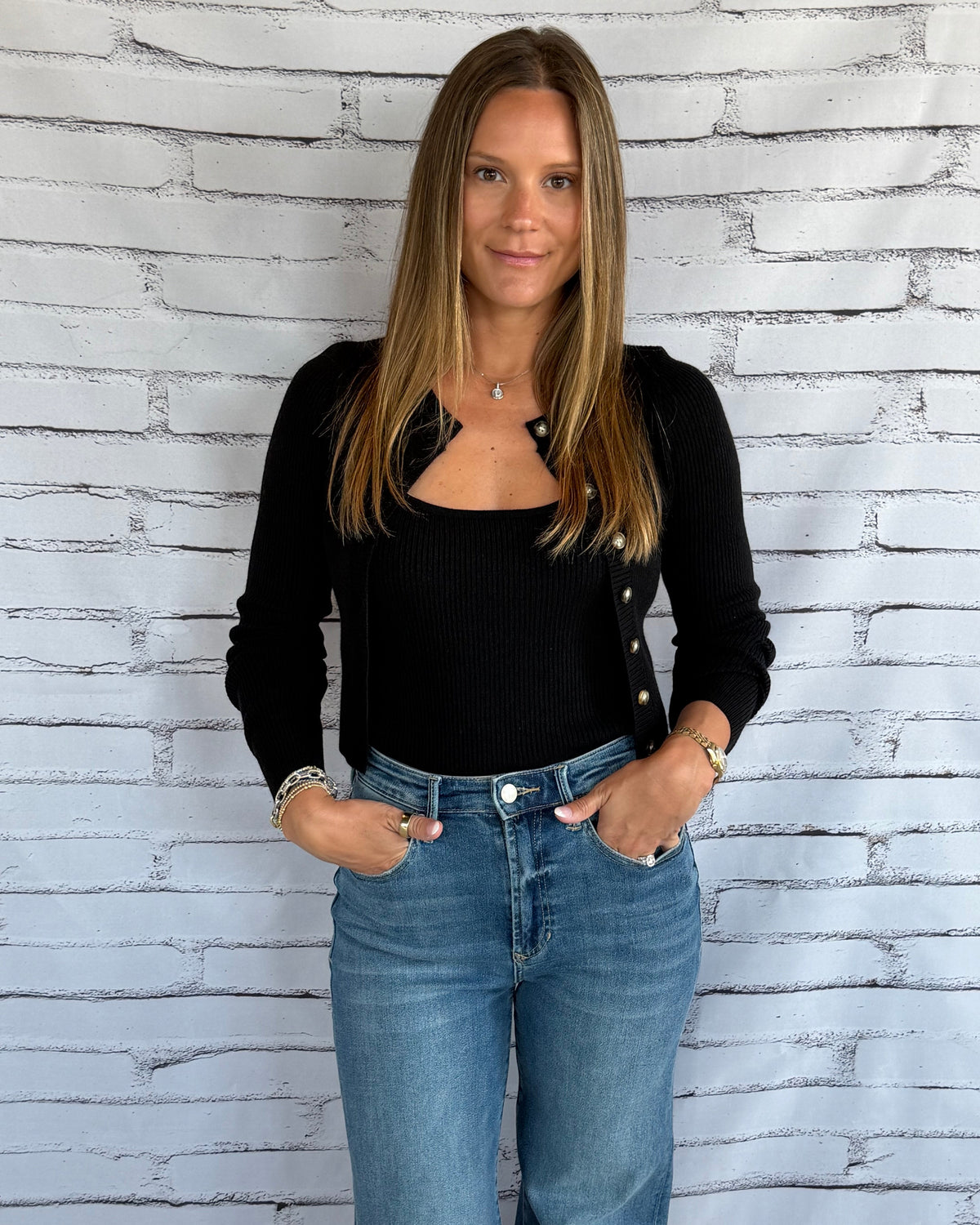 Ribbed Cami with Cardigan Sweater Black