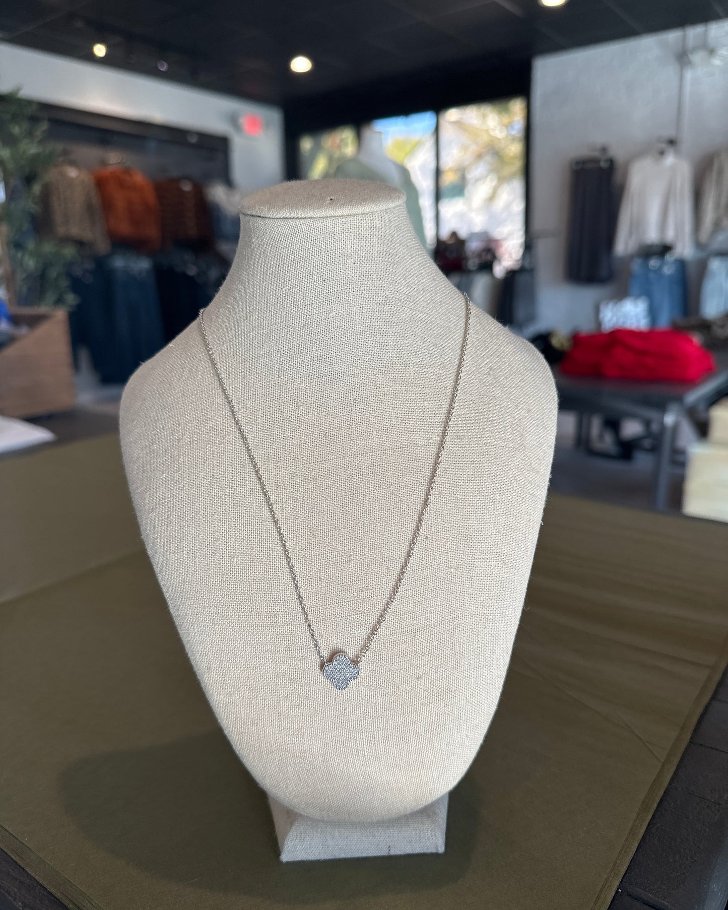 Silver Rhinestone Clover Pendant Necklace