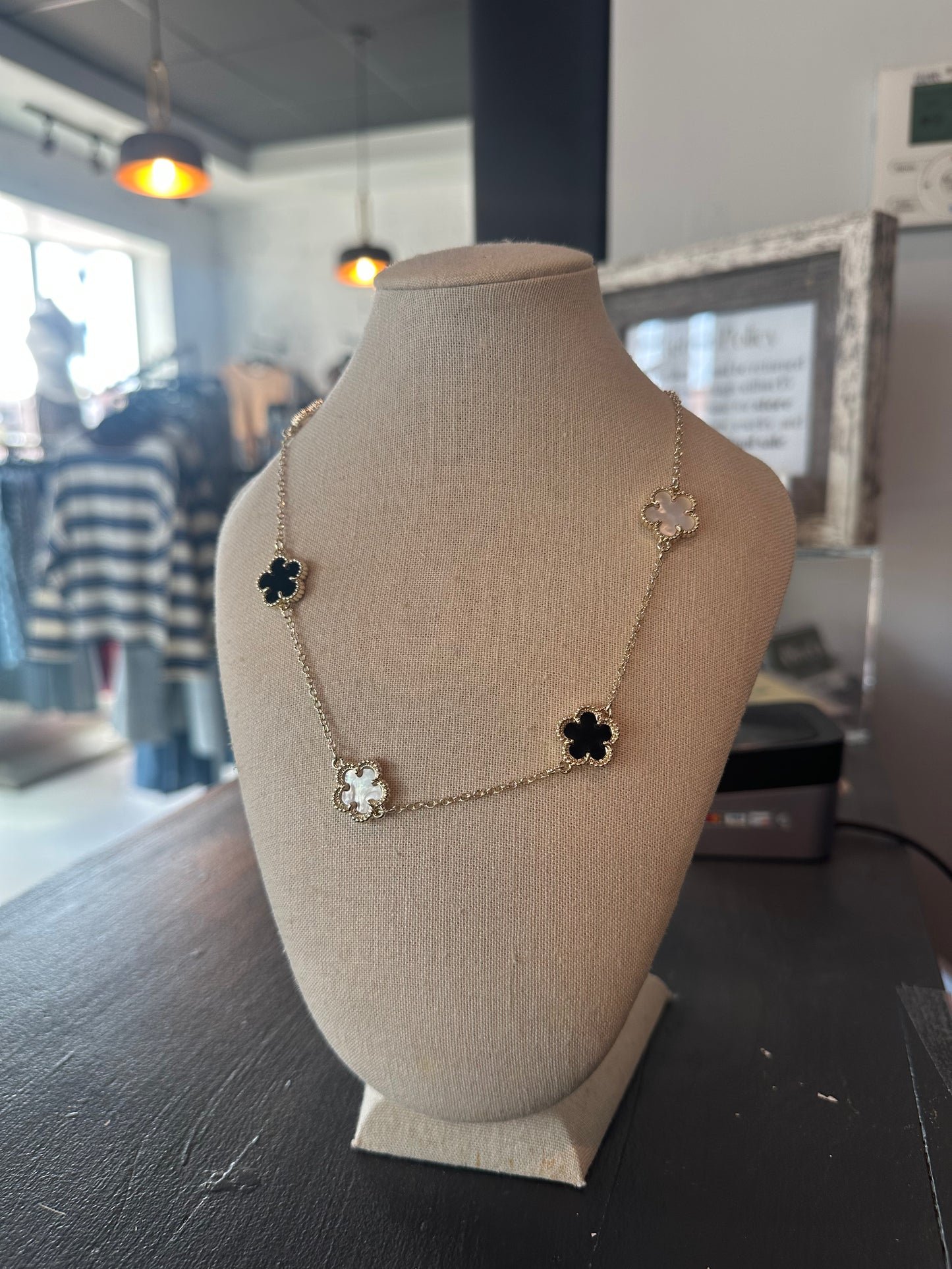 Black and Mother of Pearl Clover Necklace