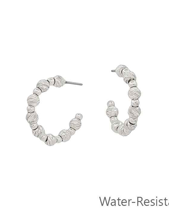 Water Resistant Twisted Silver Bead Hoop Earring