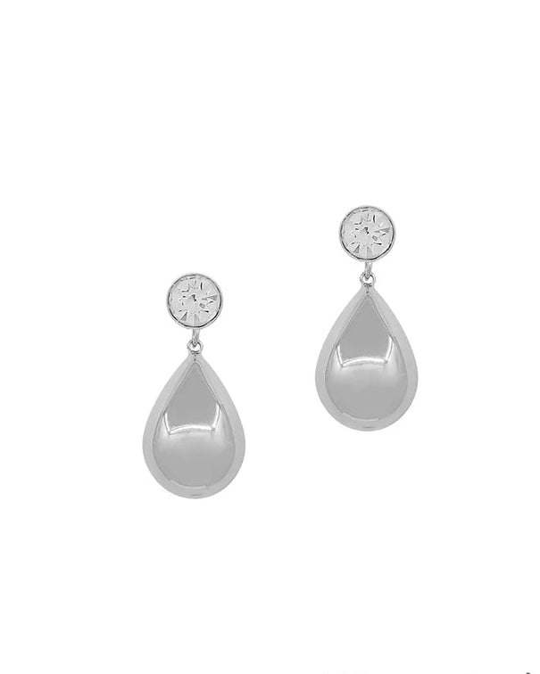 Water Resistant 1" Silver Teardrop with Crystal Stud Earring