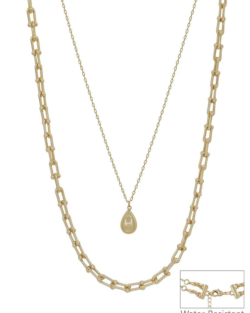Water Resistant Thin Gold Chain with Gold Teardrop 16"-18" Necklace