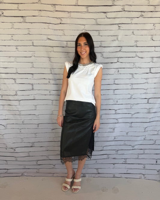 Greg Faux Leather Lace Trim Skirt Black