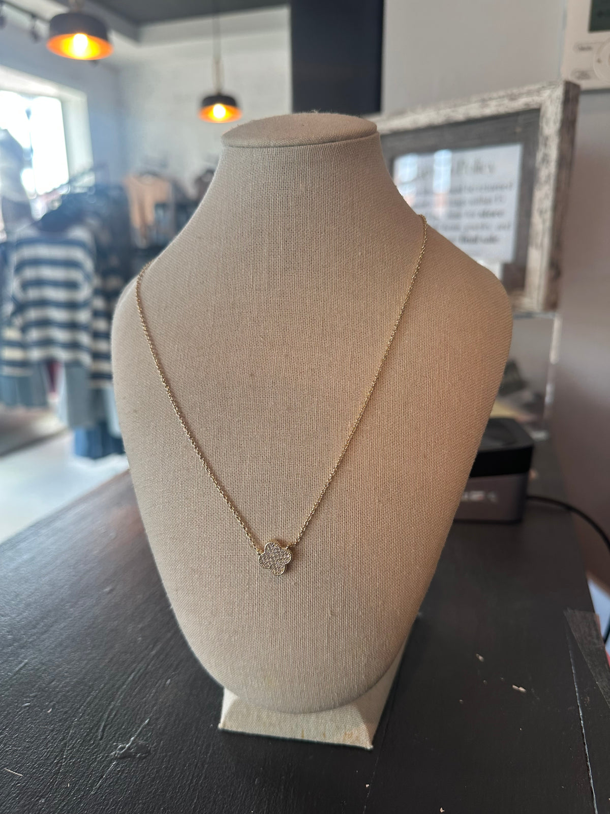 Gold Rhinestone Clover Pendant Necklace