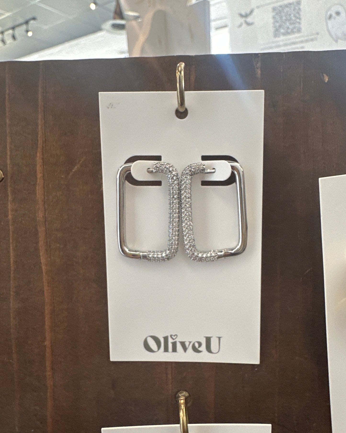 Large Silver and Rhinestone Rectangle Earrings