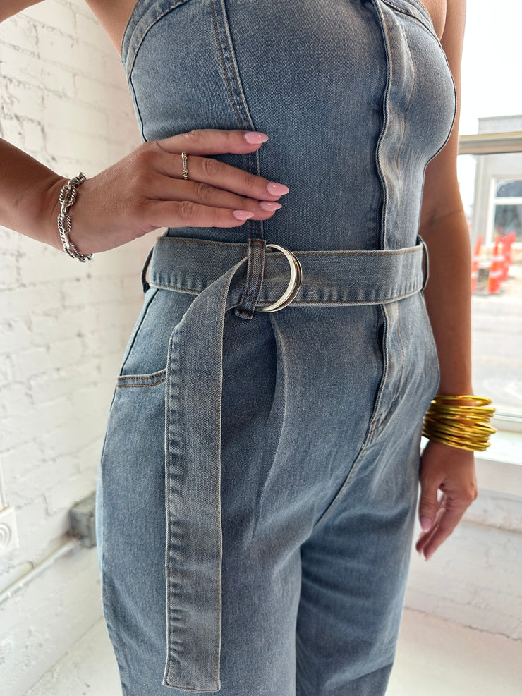 Wide Leg Denim Tube Jumpsuit