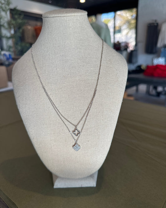 Silver Clover Rhinestone with Open Clover Necklace