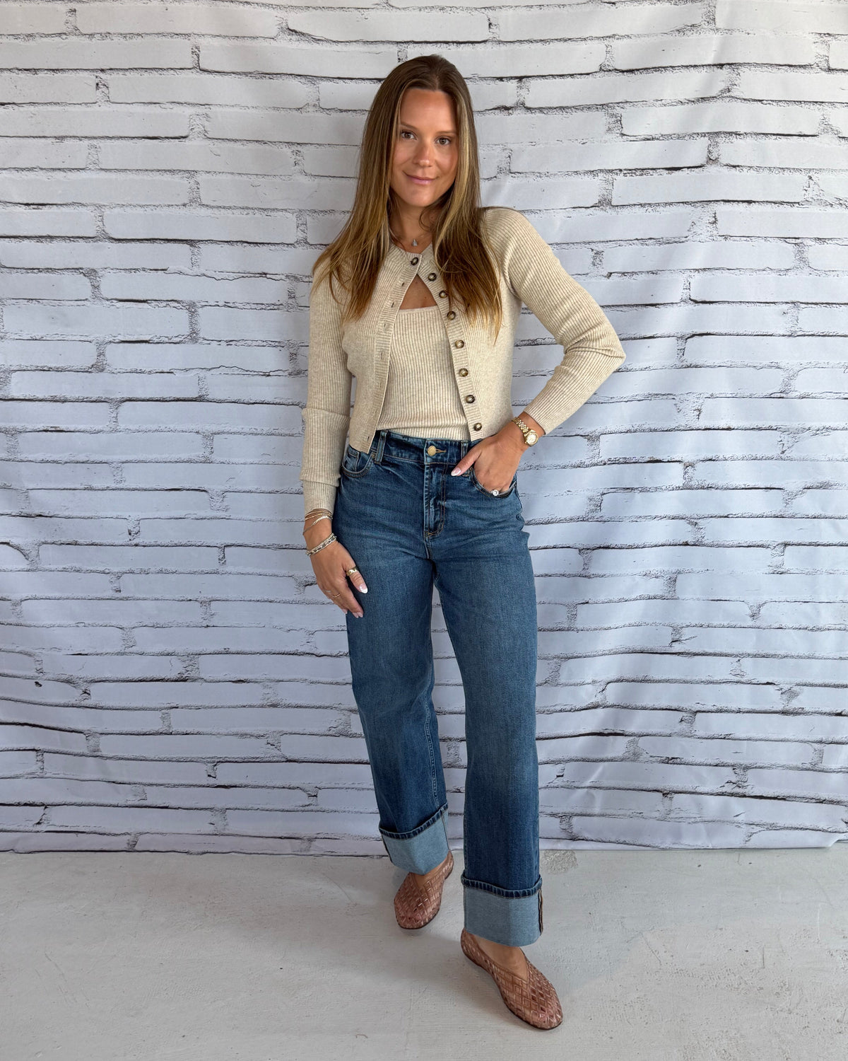 Ribbed Cami with Cardigan Sweater Khaki