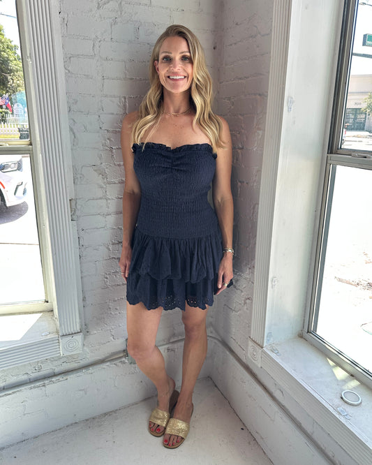 Aria Smocked Ruffle Dress Navy