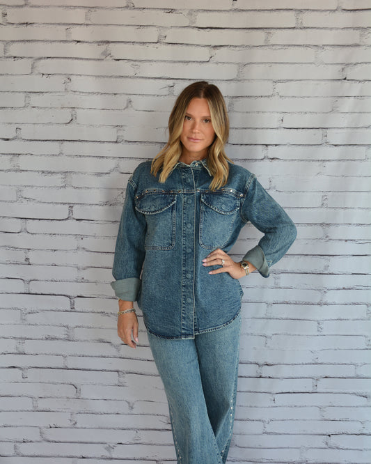 Denim Shirt Jacket with Studs