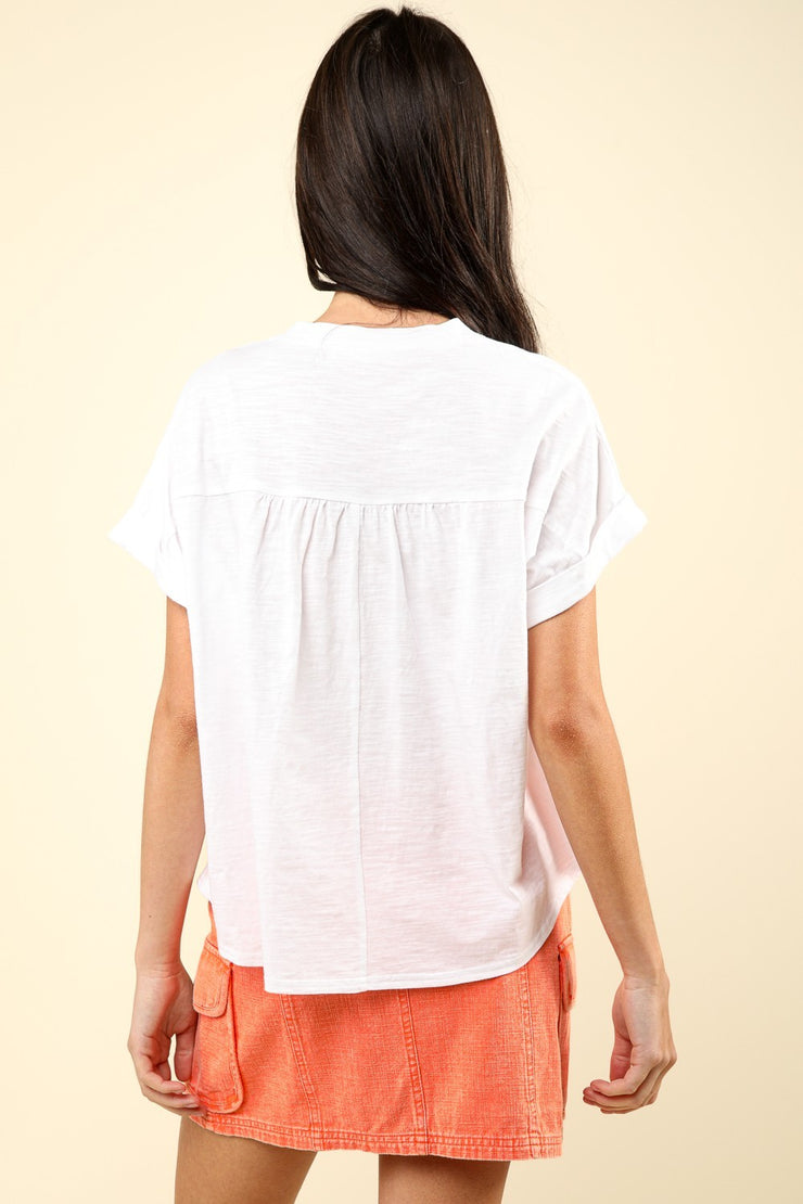 Split Neck Washed Knit Tee- White