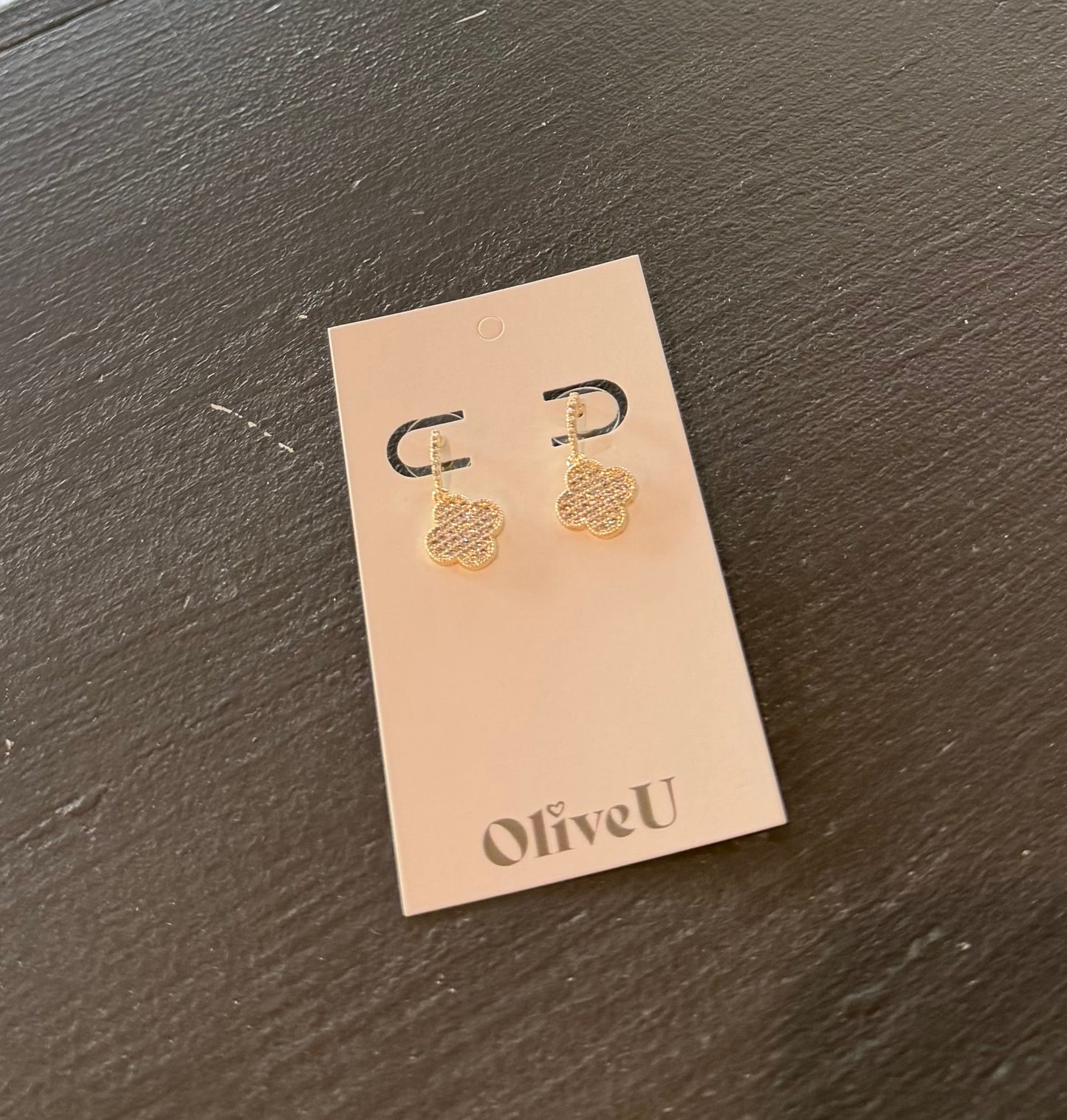 Gold Rhinestone Drop Clover Earrings