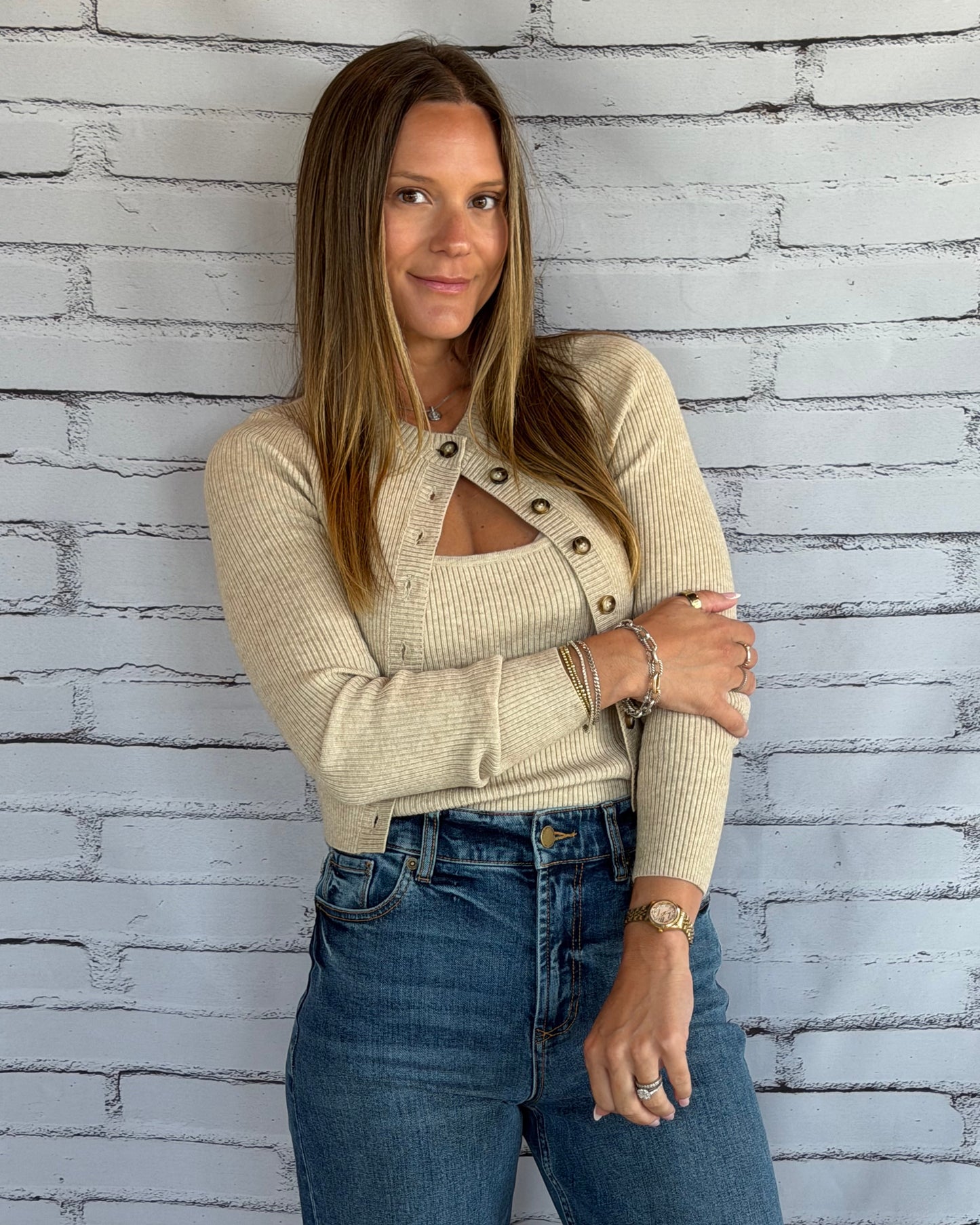 Ribbed Cami with Cardigan Sweater Khaki