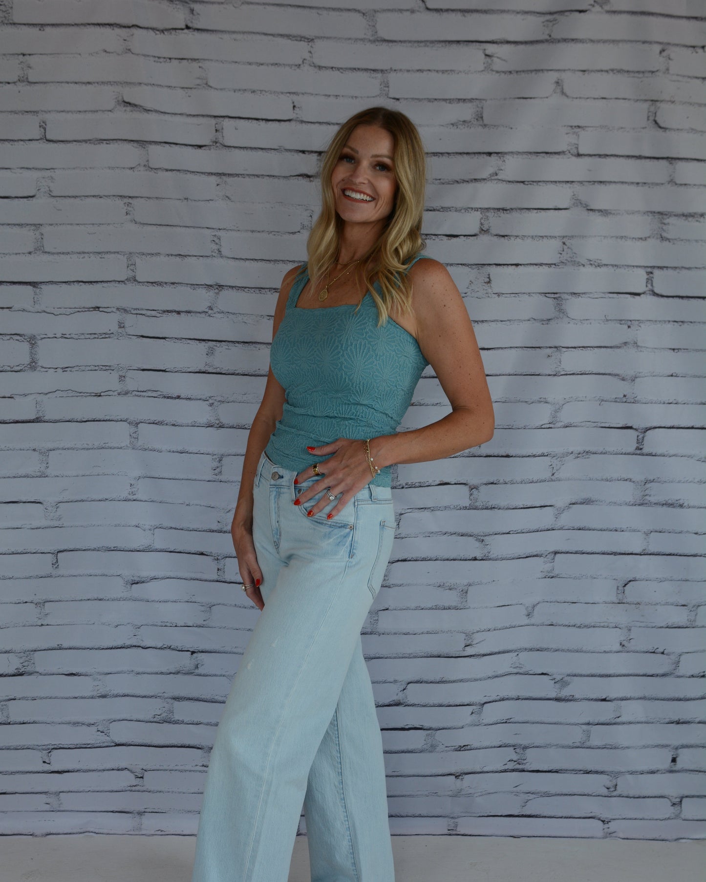 Lace Textured Square Top Dusty Teal