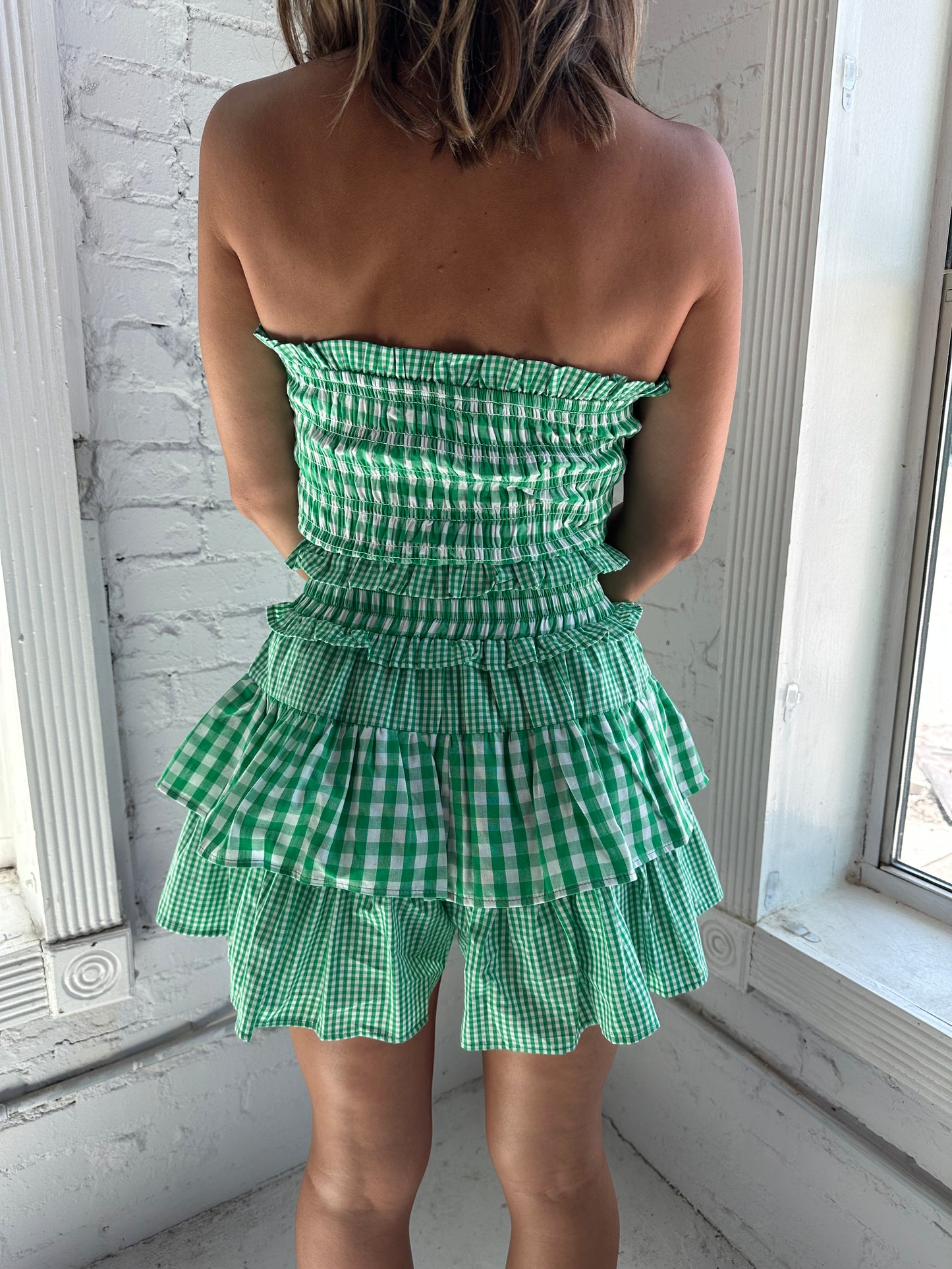 Mixed Gingham Tube Top with Ruffle Short Set