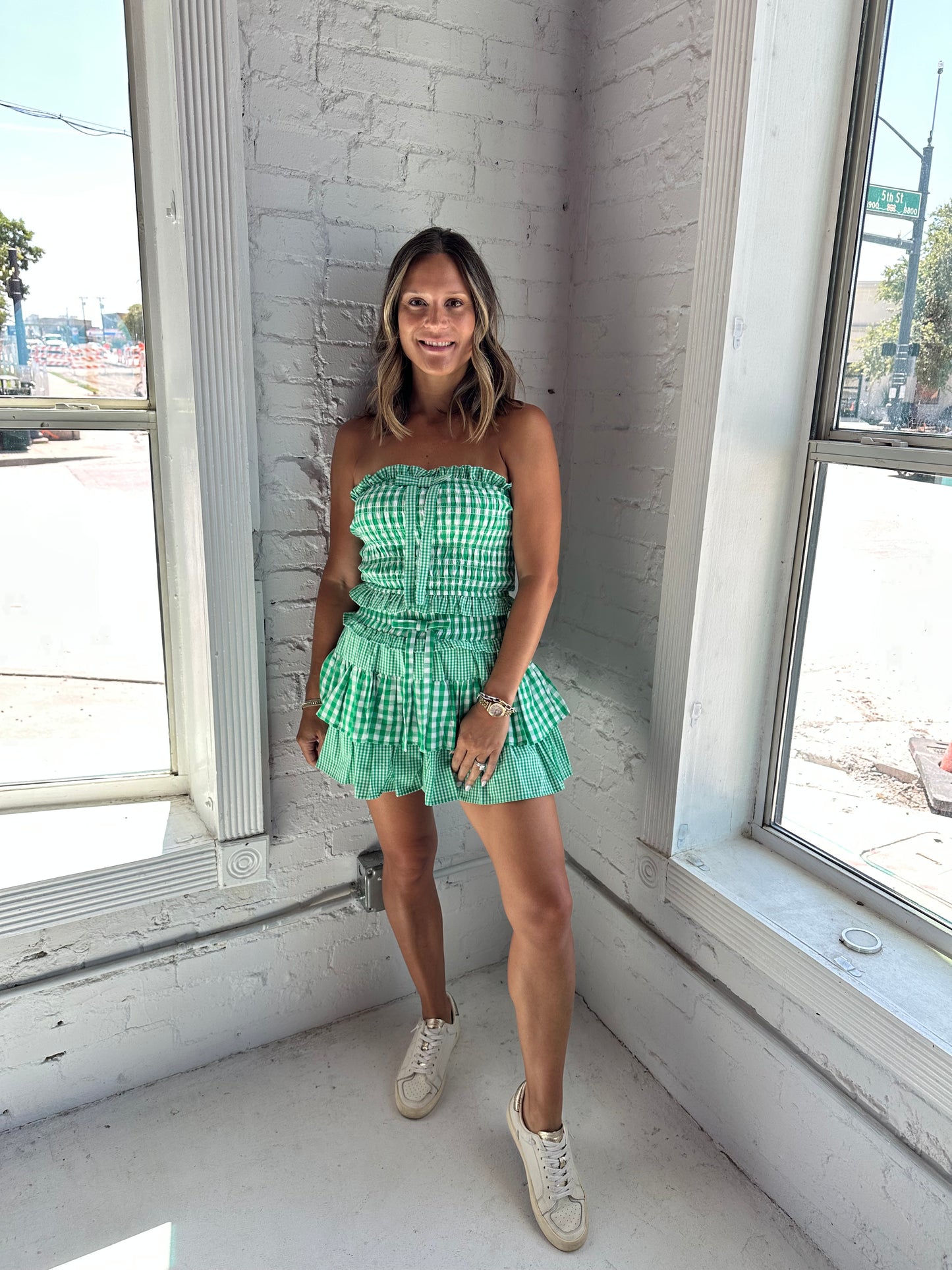 Mixed Gingham Tube Top with Ruffle Short Set