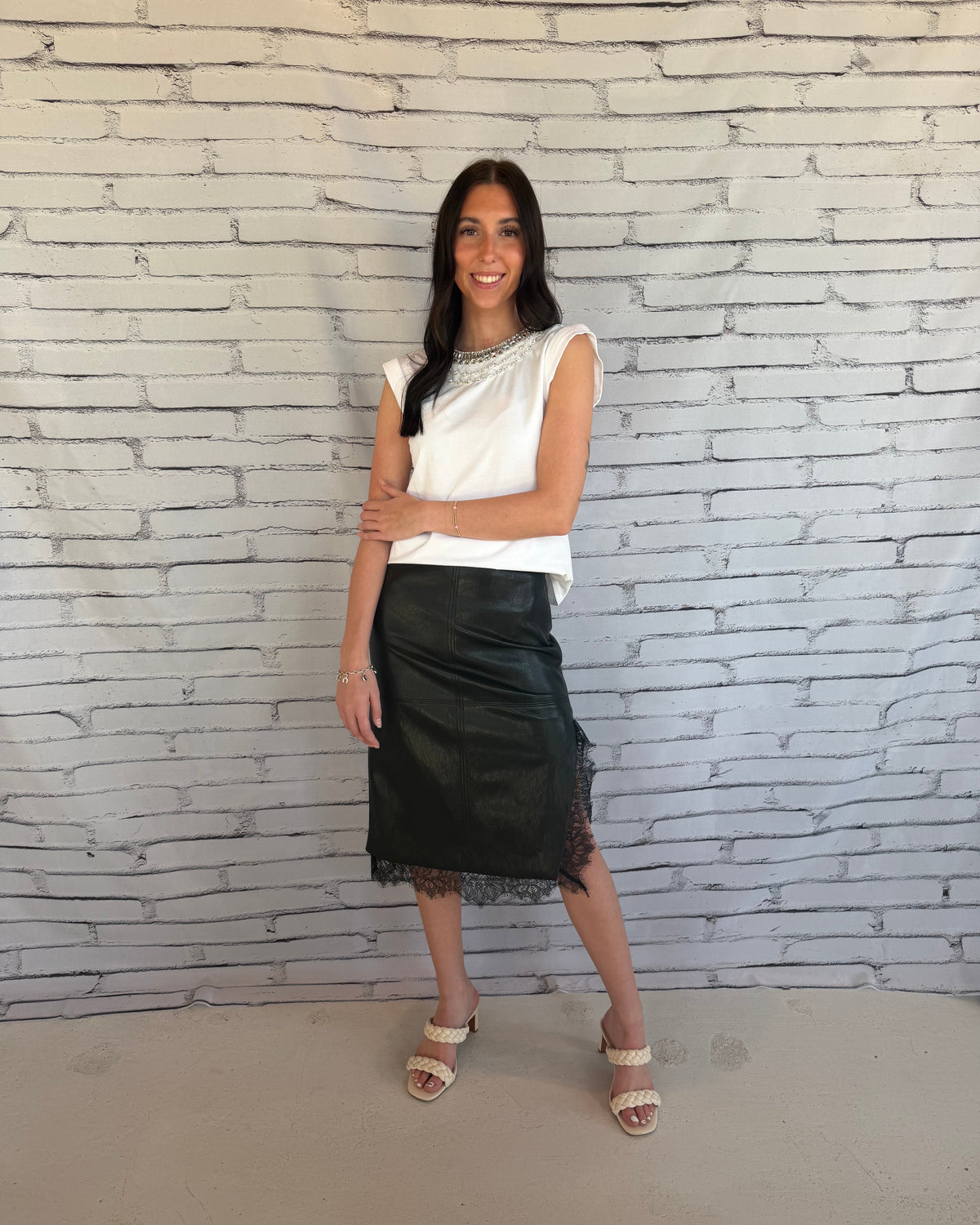 Greg Faux Leather Lace Trim Skirt Black