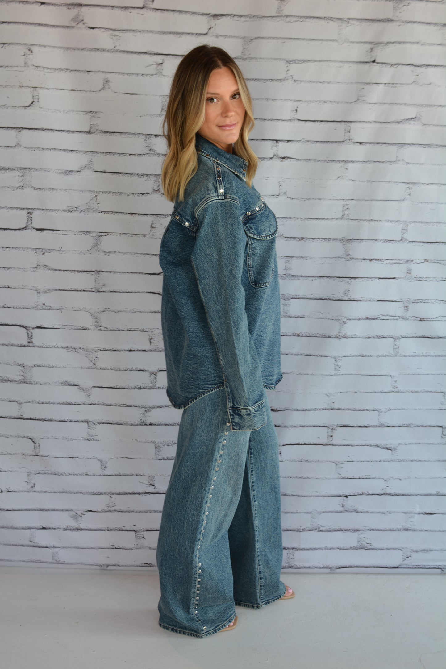 Denim Shirt Jacket with Studs