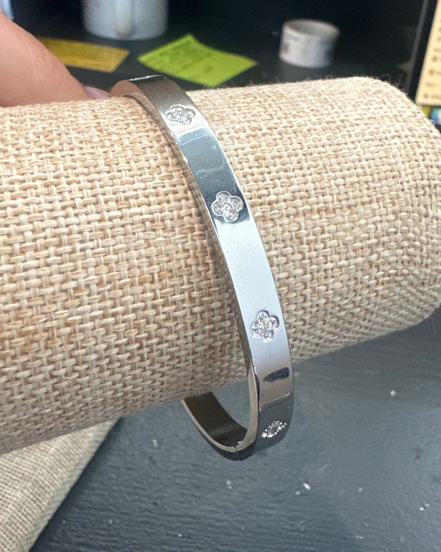 Silver Clover Bracelet with Rhinestones