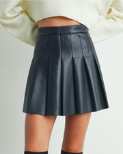 Solid Pleated Leather Mini Skirt