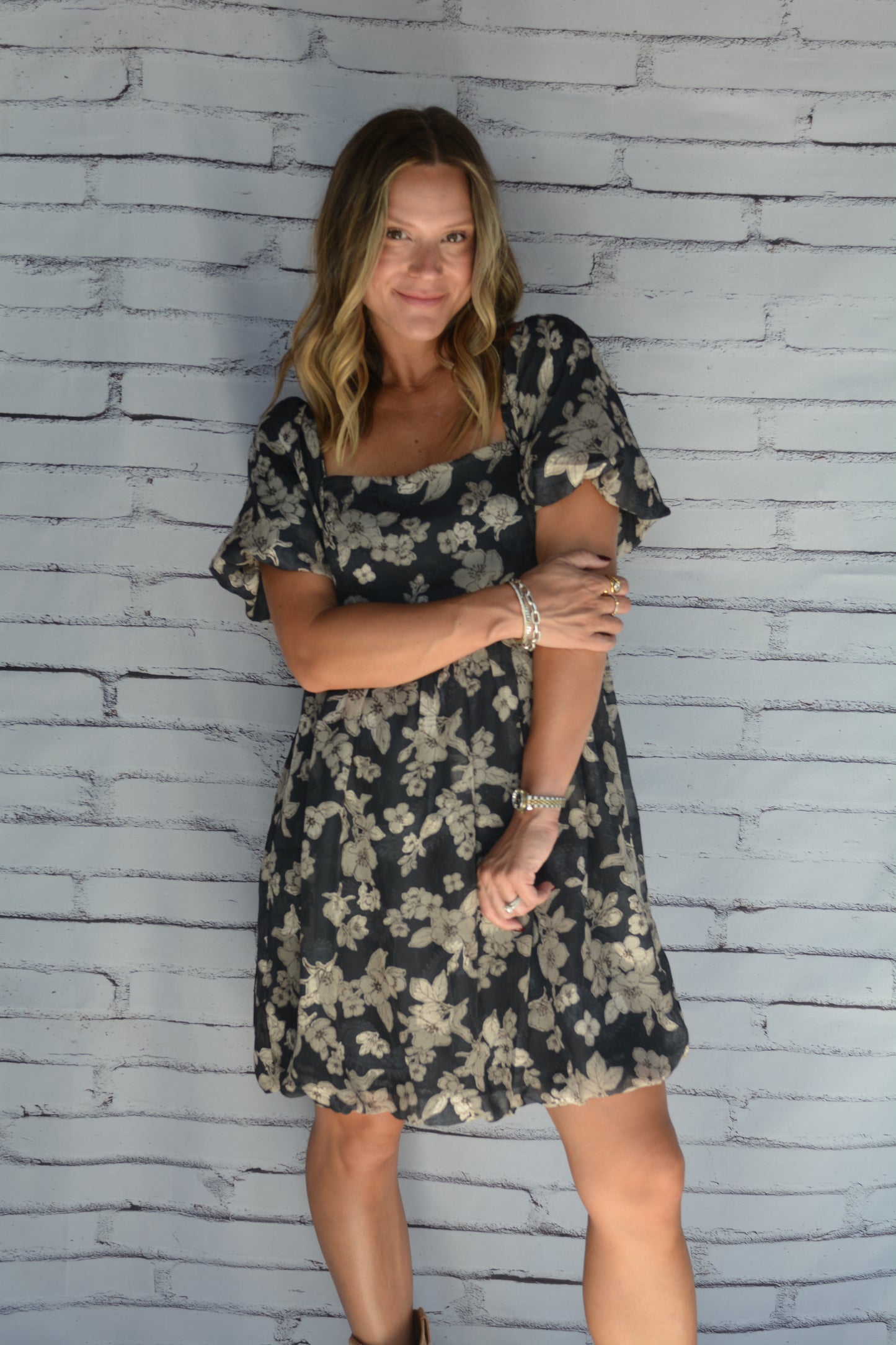 Jacquard Floral Print Bubble Dress