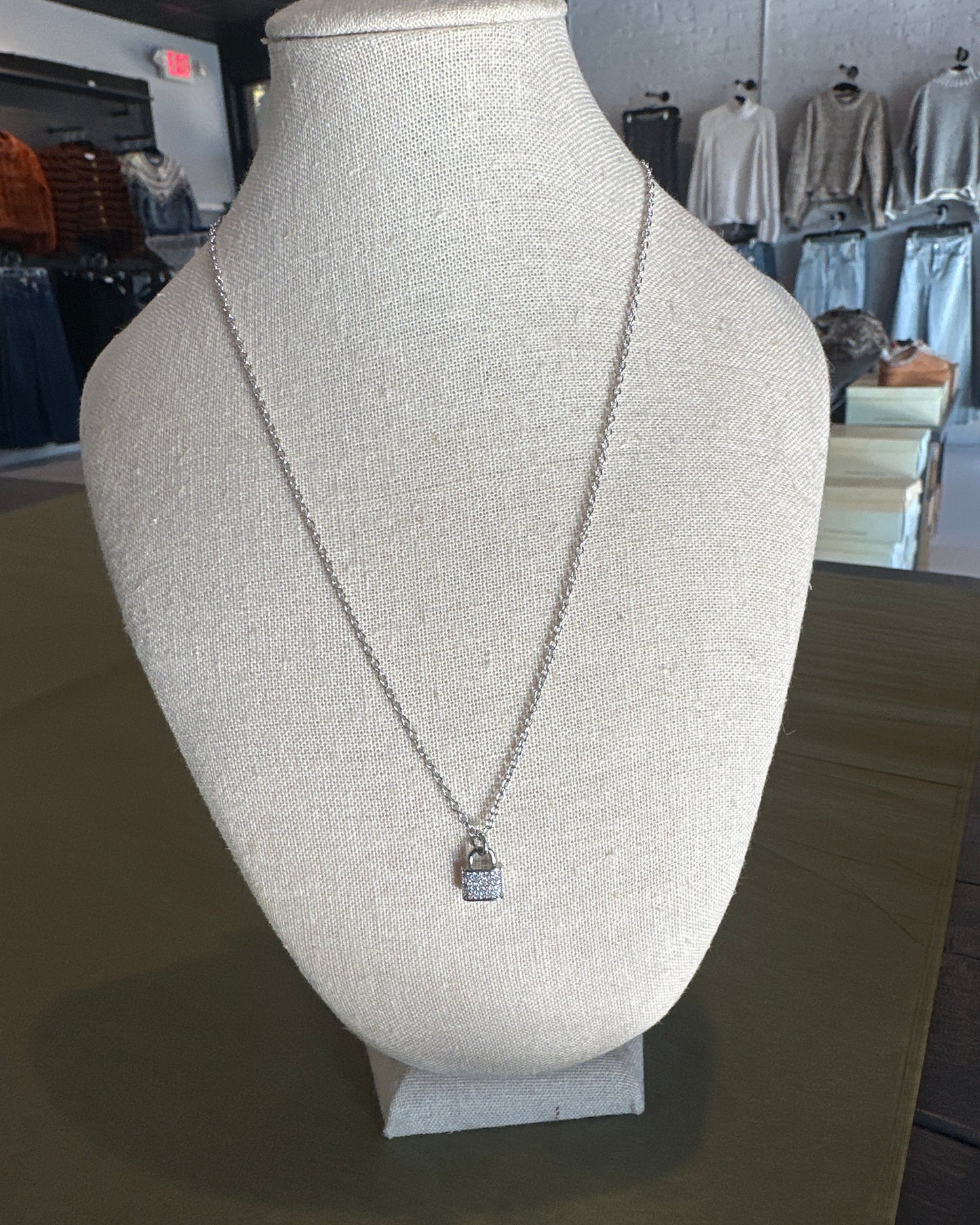 Silver Necklace with Rhinestone Lock