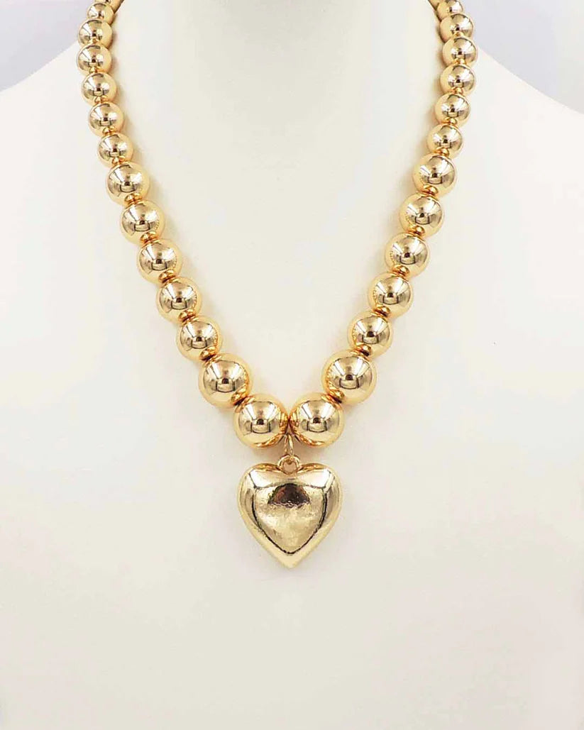 Gold Beaded Puffy Heart Necklace