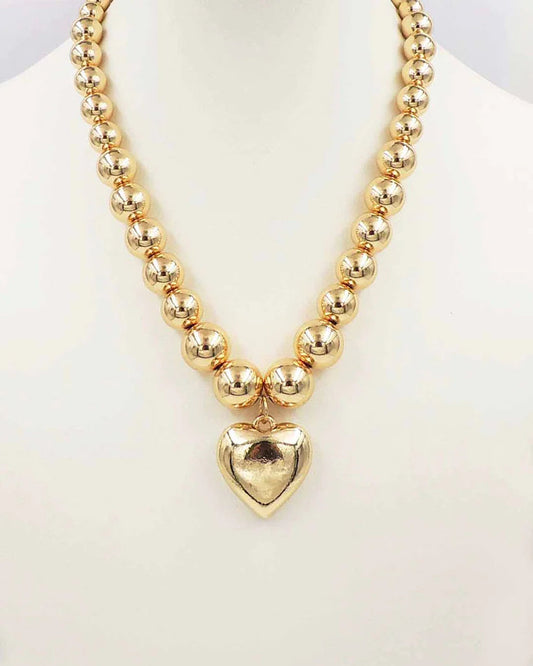 Gold Beaded Puffy Heart Necklace
