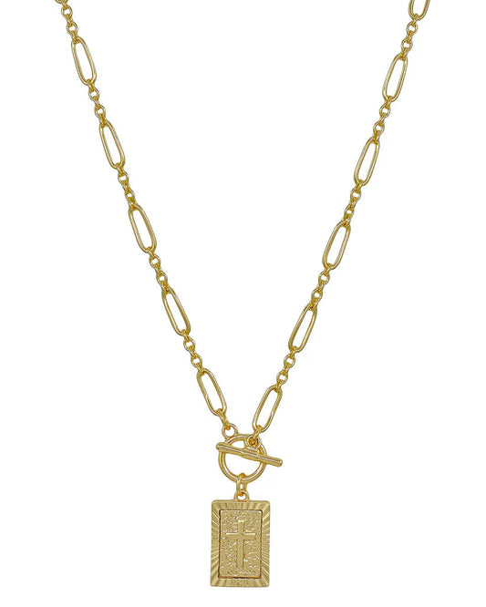 Gold Chain with Textured Square Cross Necklace