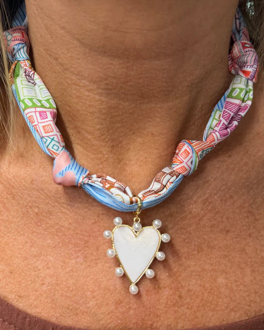 Blue and Pink Knotted Scarf Necklace with Pearl Heart