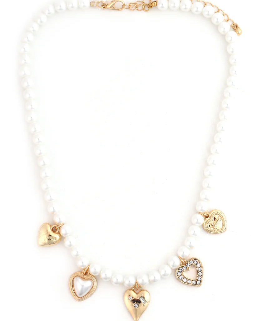 Pearl Beaded Heart Charm Necklace