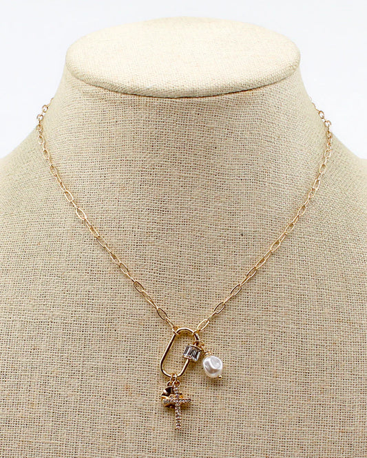 Gold Chain with Rhinestone Cross, Pearl, and Rhinestone Necklace