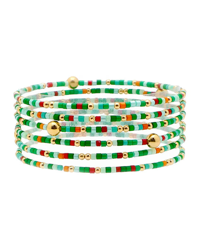 Green Sead Beed and Gold Stretch Bracelet
