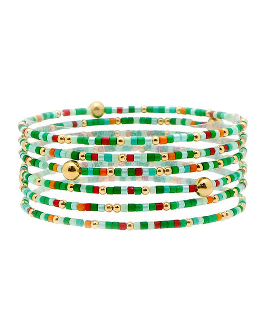 Green Sead Beed and Gold Stretch Bracelet