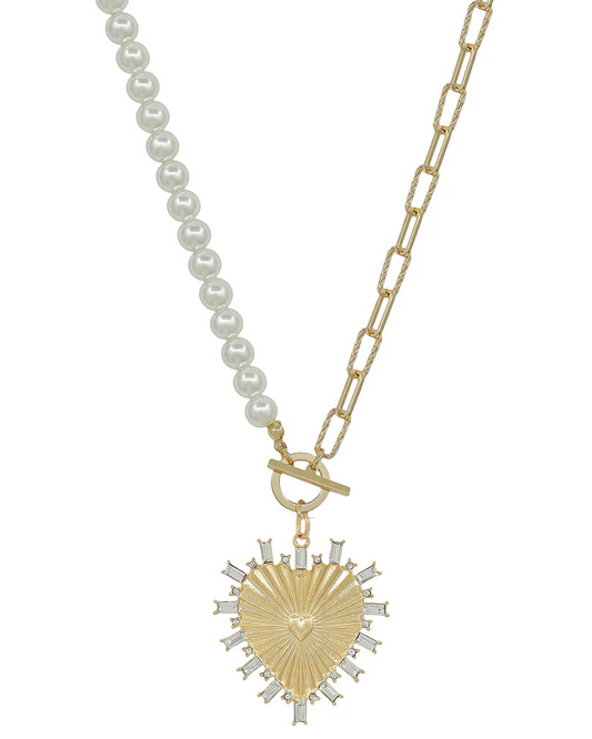 Pearl and Gold Chain with Rhinestone Studded Heart Necklace