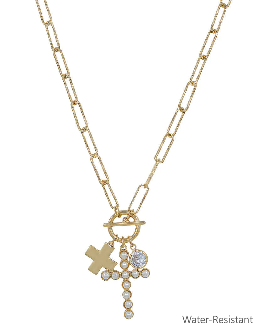 Gold Cross and Pearl Cross Charm Necklace