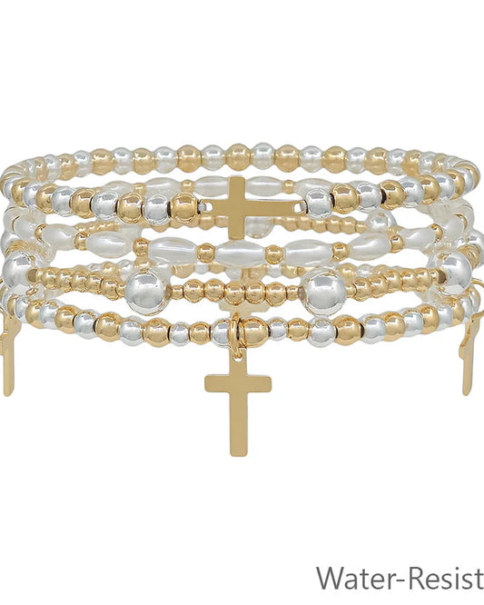 Gold and Silver Beaded Bracelet with Pearl and Cross Charms