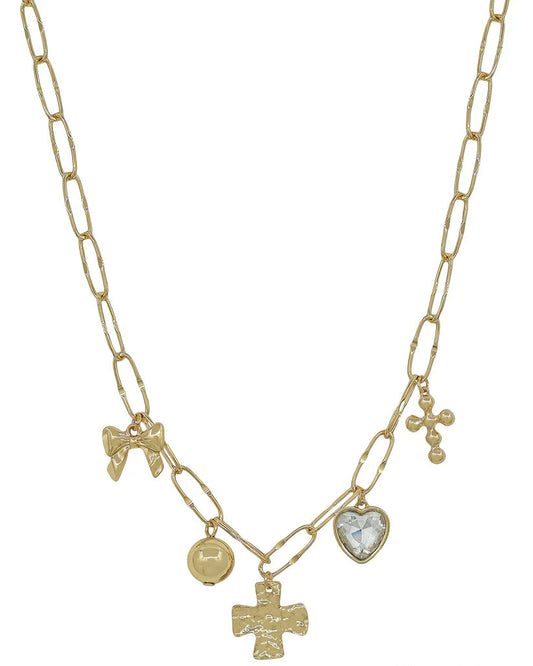 Open Chain with Bow, Cross, and Heart Charm Necklace